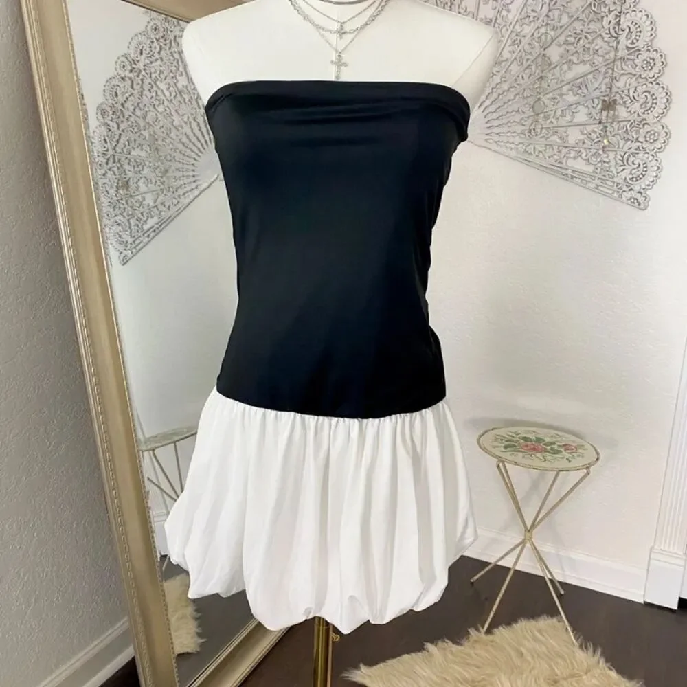 Nwot Black And White Balloon Skirt Bandeau Strapless Mini Dress S